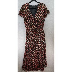 Lane Bryant Womens Sz 18 Frilly Ruffled Fitted Midi Dress Black Floral Gold Dot